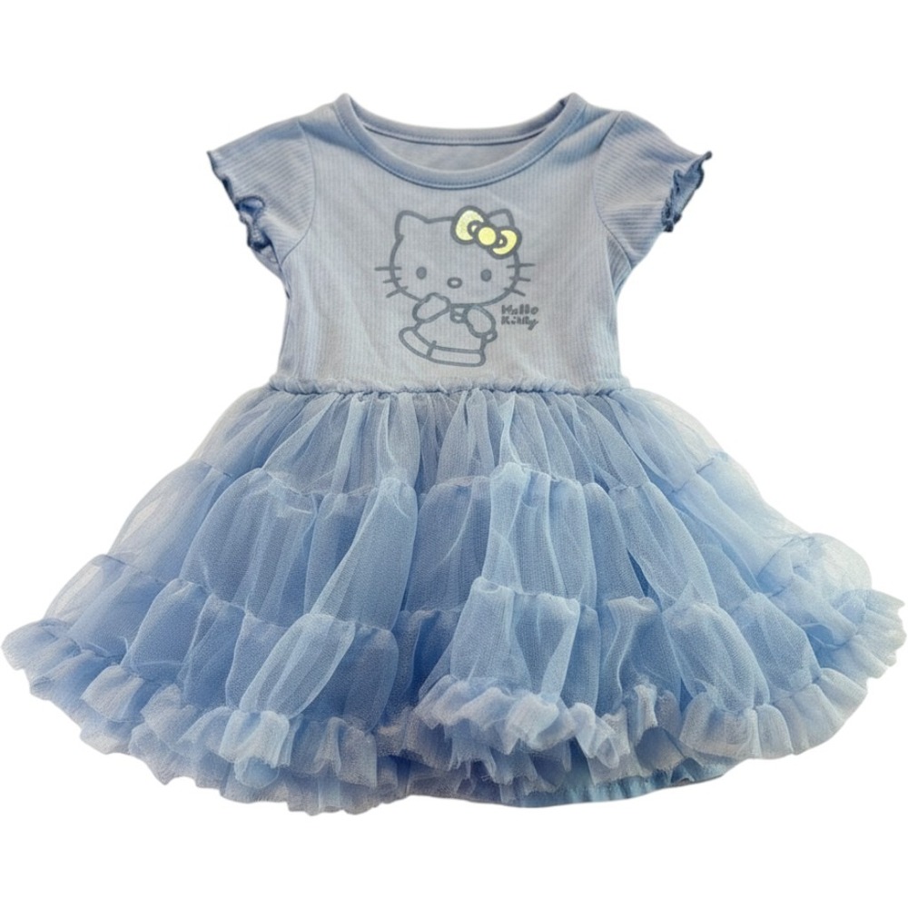 Hello Kitty Sanrio Girls Dress 18M Blue Tulle Tutu Ruffle Ribbed Short Sleeve